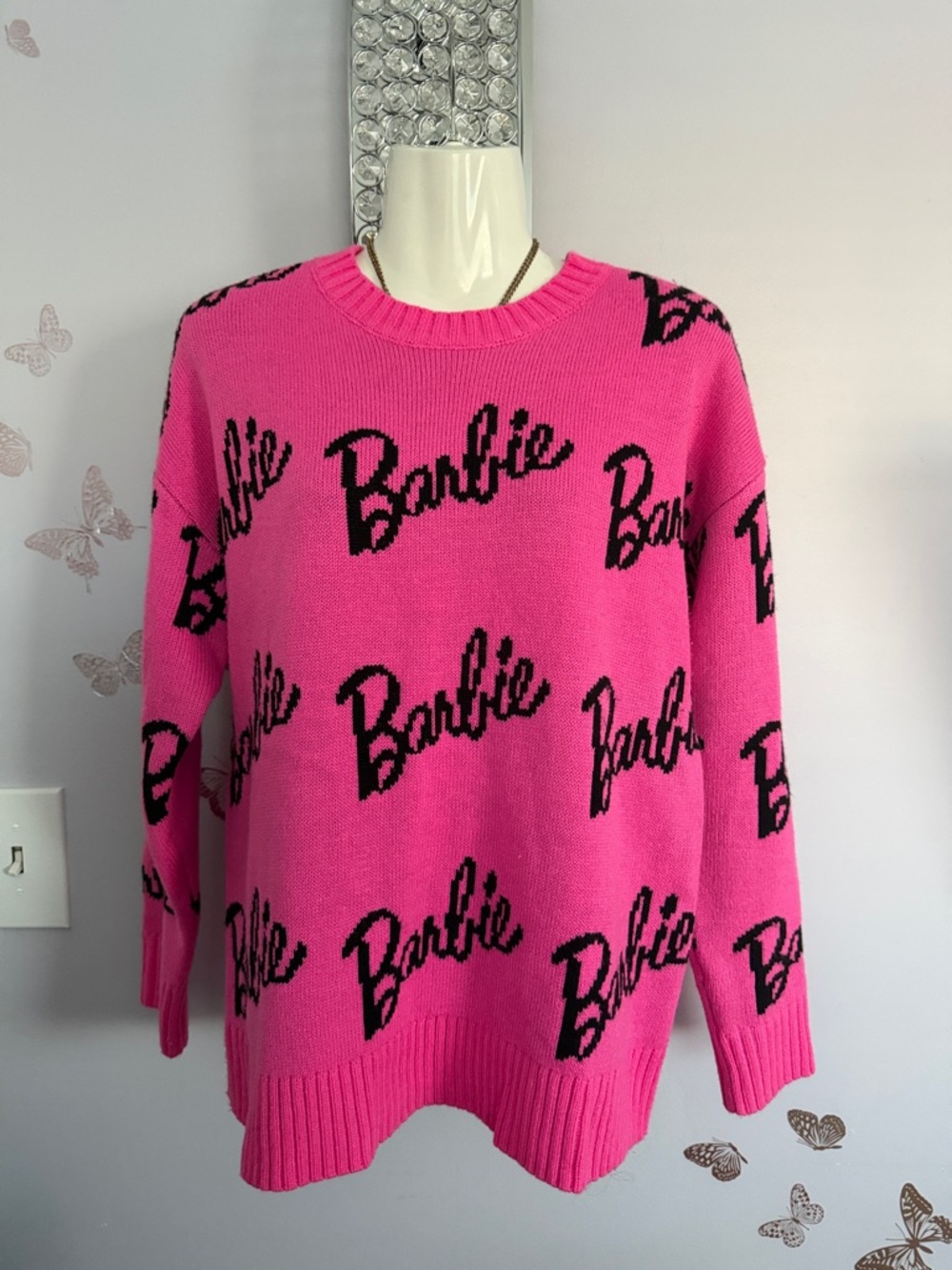 Barbie Pink Crewneck Sweater with Black Logo Script